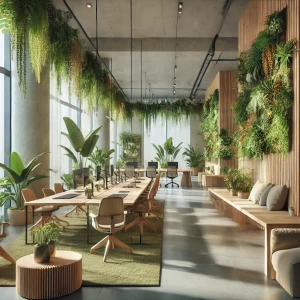 A modern office space showcasing biophilic design principles. The room is filled with natural light streaming through large windows, complemented by a