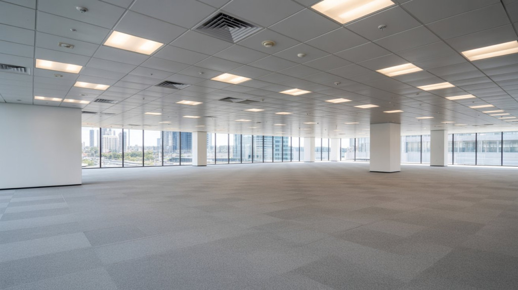 Empty modern office space with a Category A fitout, featuring raised access flooring, suspended ceiling grid, LED lighting and large windows.